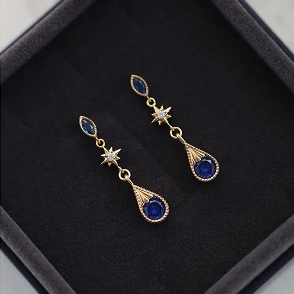 Dainty Sterling silver Gold and Blue Drop Earrings
